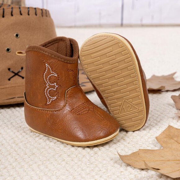 Newborn Boys Girls Brown Faux Leather Non-Slip Soft Sole First Walker Booties - Picture 3 of 6